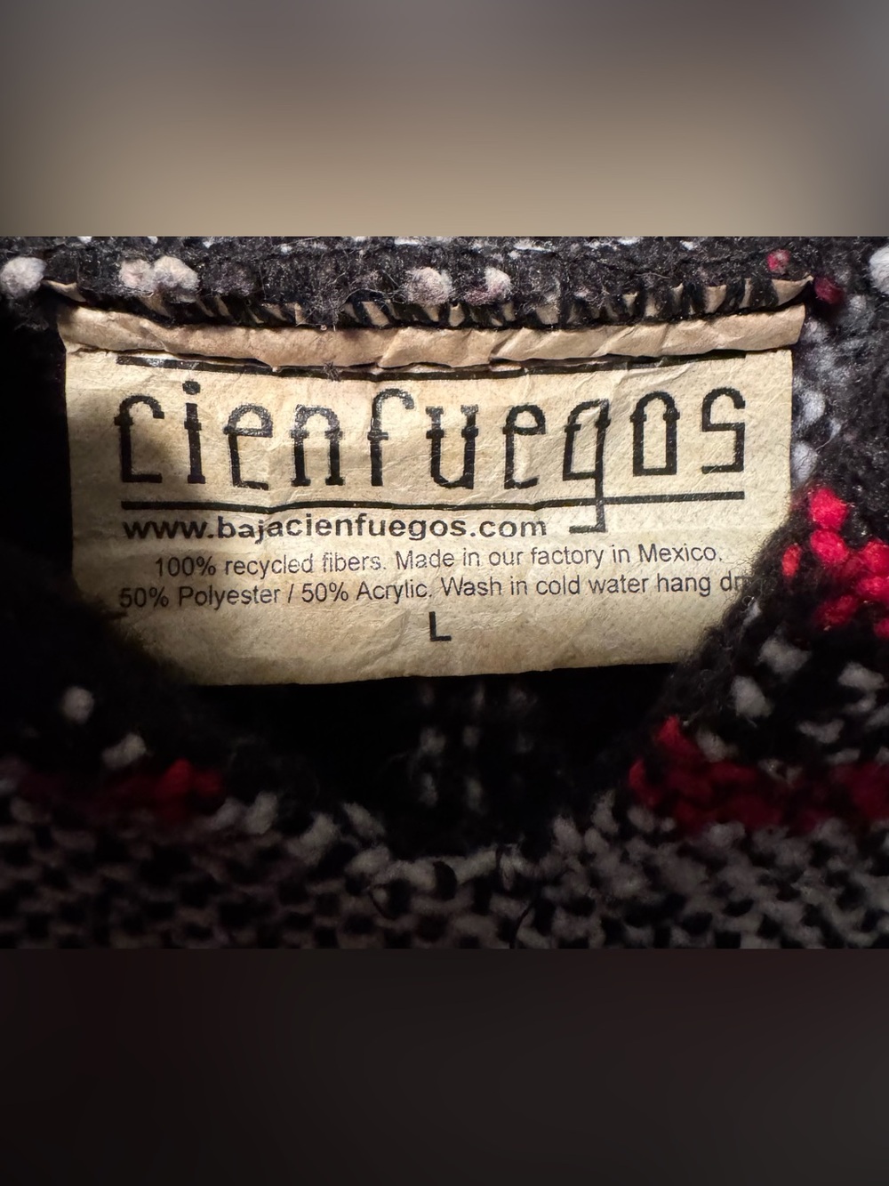 Baja “Drug Rug” Hoodie Red, Black & Gray - Authentic Handmade Cienfuegos - Large - Picture 3 of 7